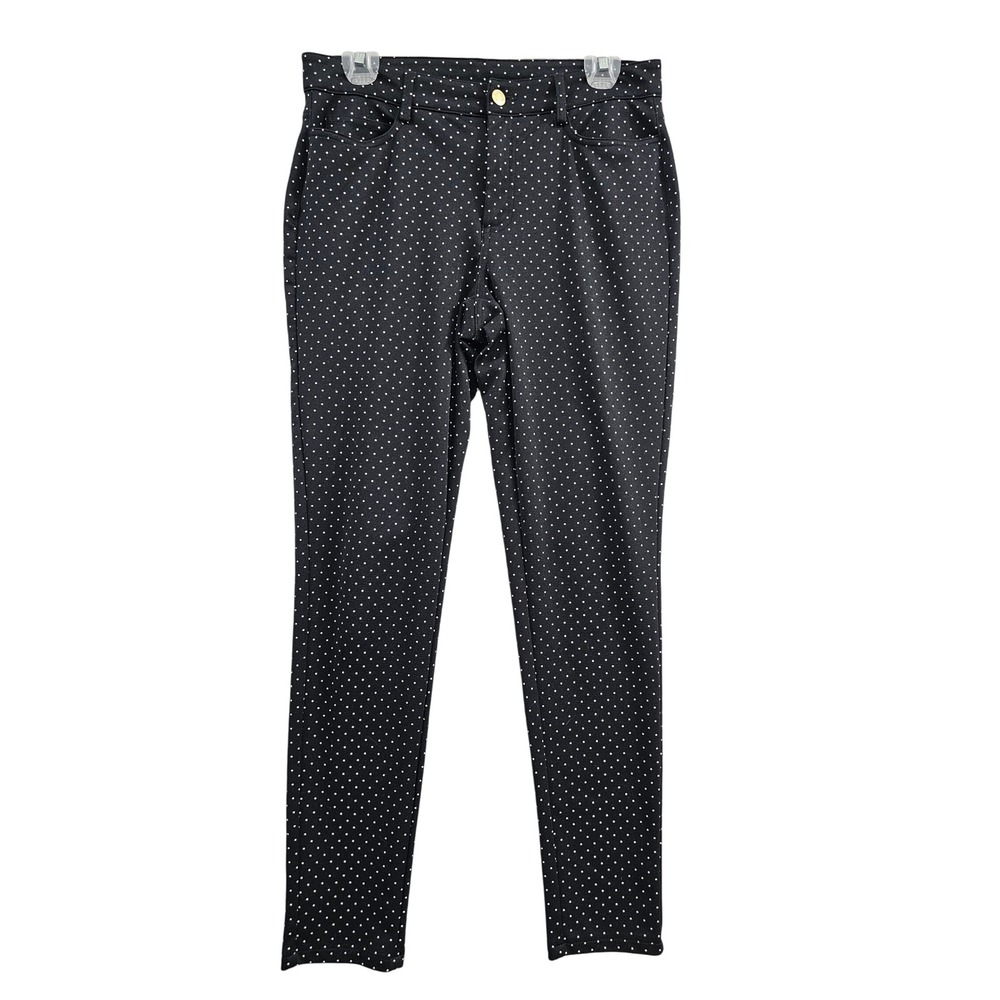 Michael Kors Polka Dot Skinny Pants Womens 8 Black White Slim Fit Gold MK Logo